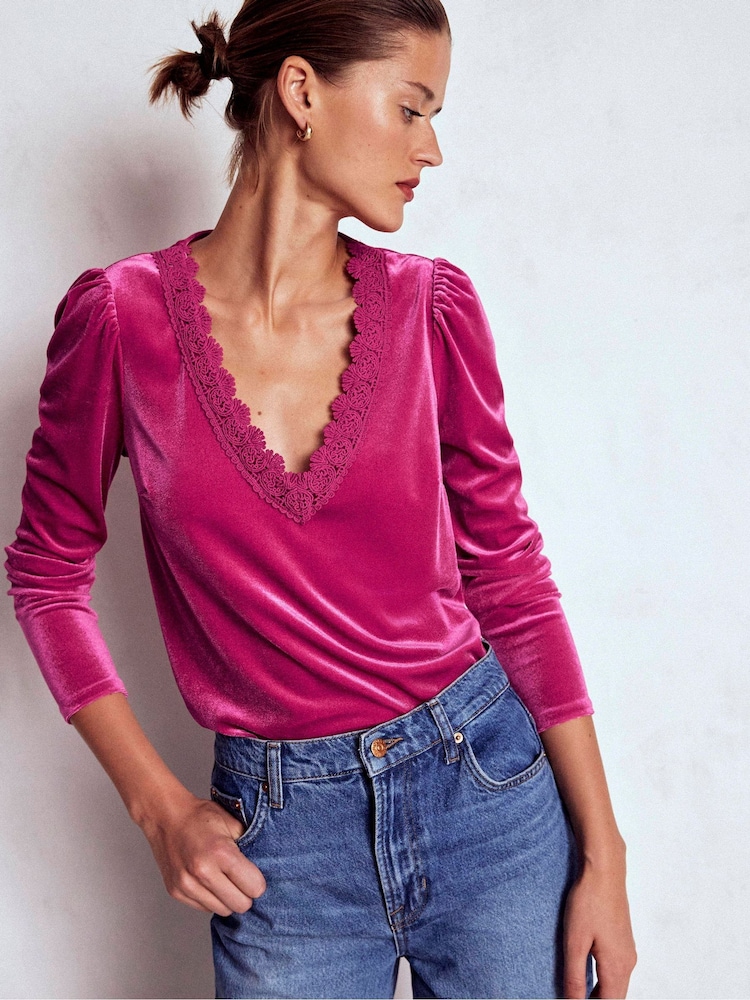 Boden Pink Flora V-neck Velvet Top - Image 1 of 5