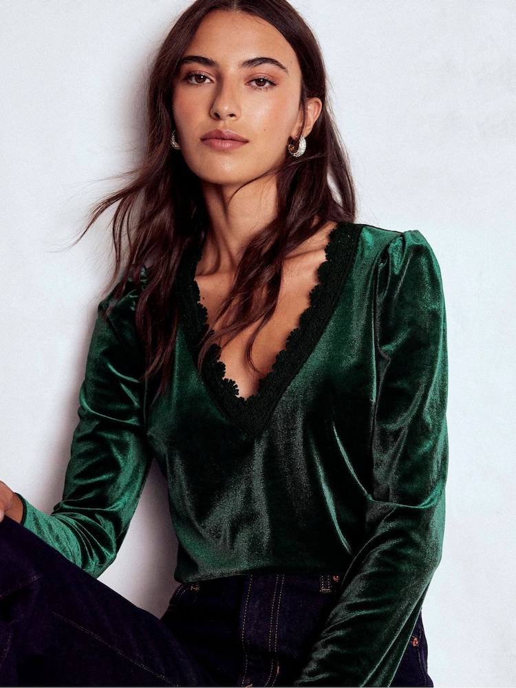 Boden Green Flora V-neck Velvet Top - Image 1 of 5