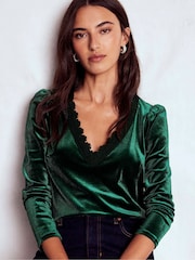 Boden Green Flora V-neck Velvet Top - Image 4 of 5