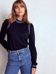 Boden Blue Tia Smocked Neck Jersey Top - Image 1 of 6