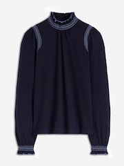 Boden Blue Tia Smocked Neck Jersey Top - Image 6 of 6