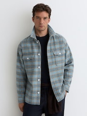 Reiss Soft Blue Multi Mcfadden Wool-Blend Twin-Pocket Check Overshirt - Image 4 of 7