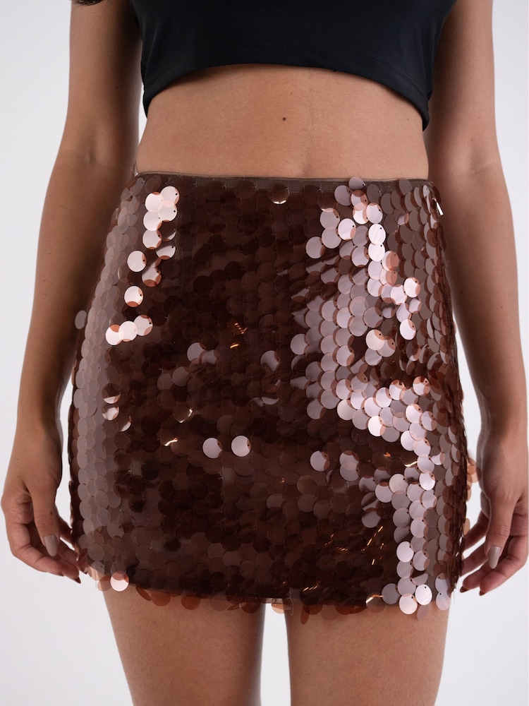 Amy Lynn Brown Gloria Translucent Disc Sequin Mini Skirt - Image 1 of 5 Amy Lynn Brown Gloria Translucent Disc Sequin Mini Skirt - Image 1 of 5