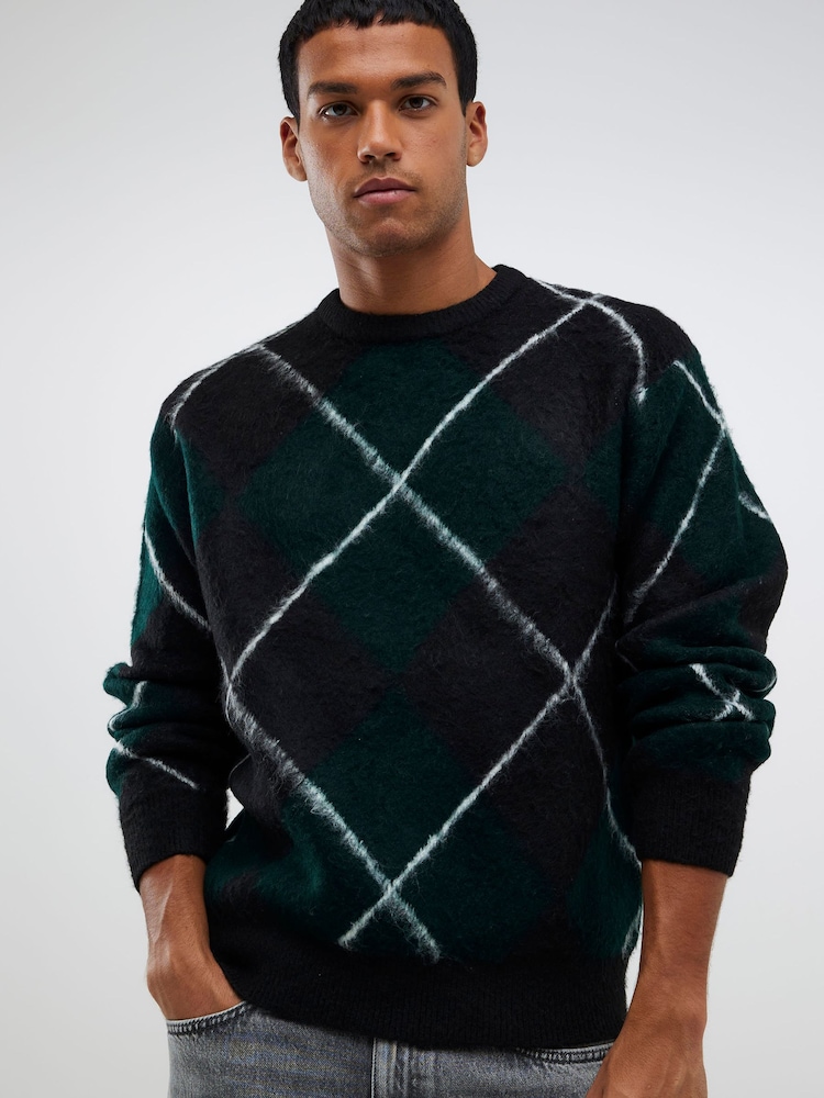 River Island Green Brushed Argyle Crew Neck Jumper - Image 1 of 4