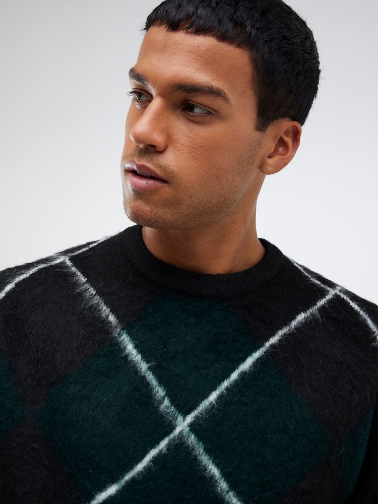 River Island Green Brushed Argyle Crew Neck Jumper - Image 2 of 4