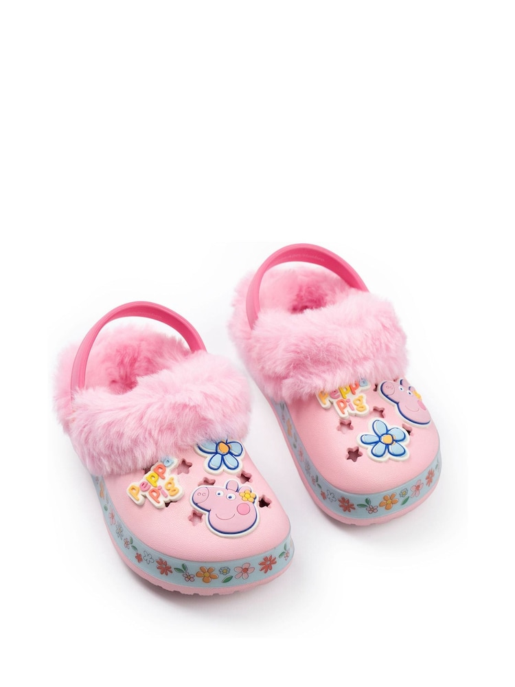 Vanilla Underground Pink Peppa Pig Flowers Fur Lined Clogs - Image 1 of 6 Vanilla Underground Pink Peppa Pig Flowers Fur Lined Clogs - Image 1 of 6