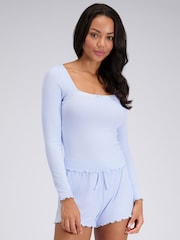Boux Avenue Blue Lace Trim Rib Short Pyjamas Set - Image 1 of 5