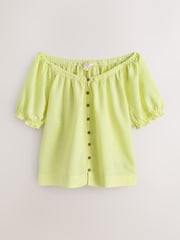 Lime Green Puff Sleeve Button Front Bardot Top With Linen - Image 1 of 3