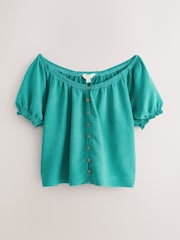 Teal Blue Puff Sleeve Button Front Bardot Top With Linen - Image 1 of 3