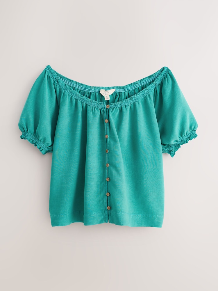Teal Blue Puff Sleeve Button Front Bardot Top With Linen - Image 1 of 3