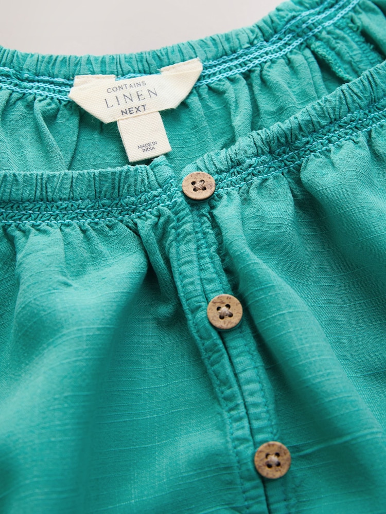 Teal Blue Puff Sleeve Button Front Bardot Top With Linen - Image 2 of 3