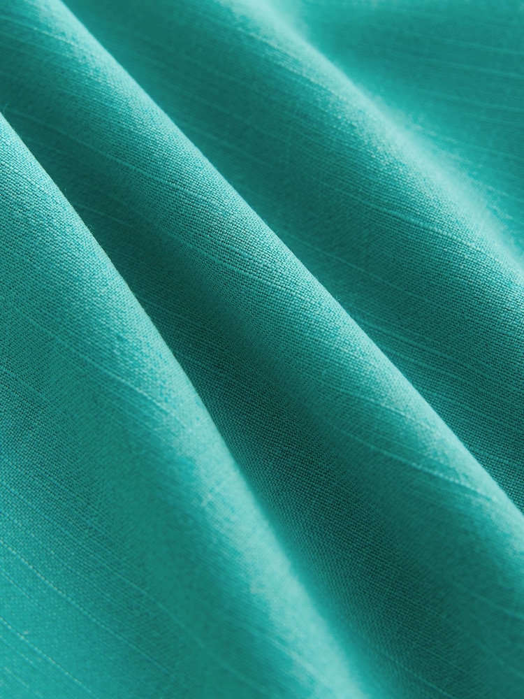 Teal Blue Puff Sleeve Button Front Bardot Top With Linen - Image 3 of 3