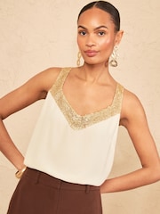 Love & Roses Ivory Sequin V-Neck Printed Vest - Image 1 of 4