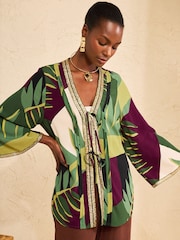 Love & Roses Green Sequin Trim Printed Kimono - Image 1 of 4