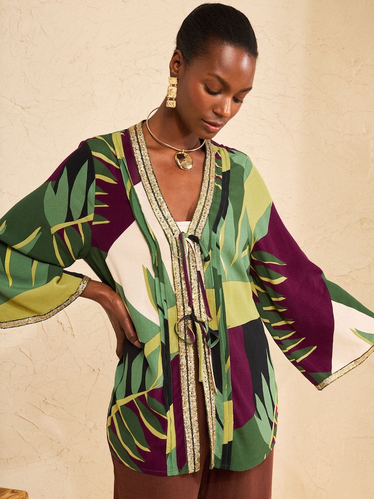 Love & Roses Green Sequin Trim Printed Kimono - Image 1 of 4