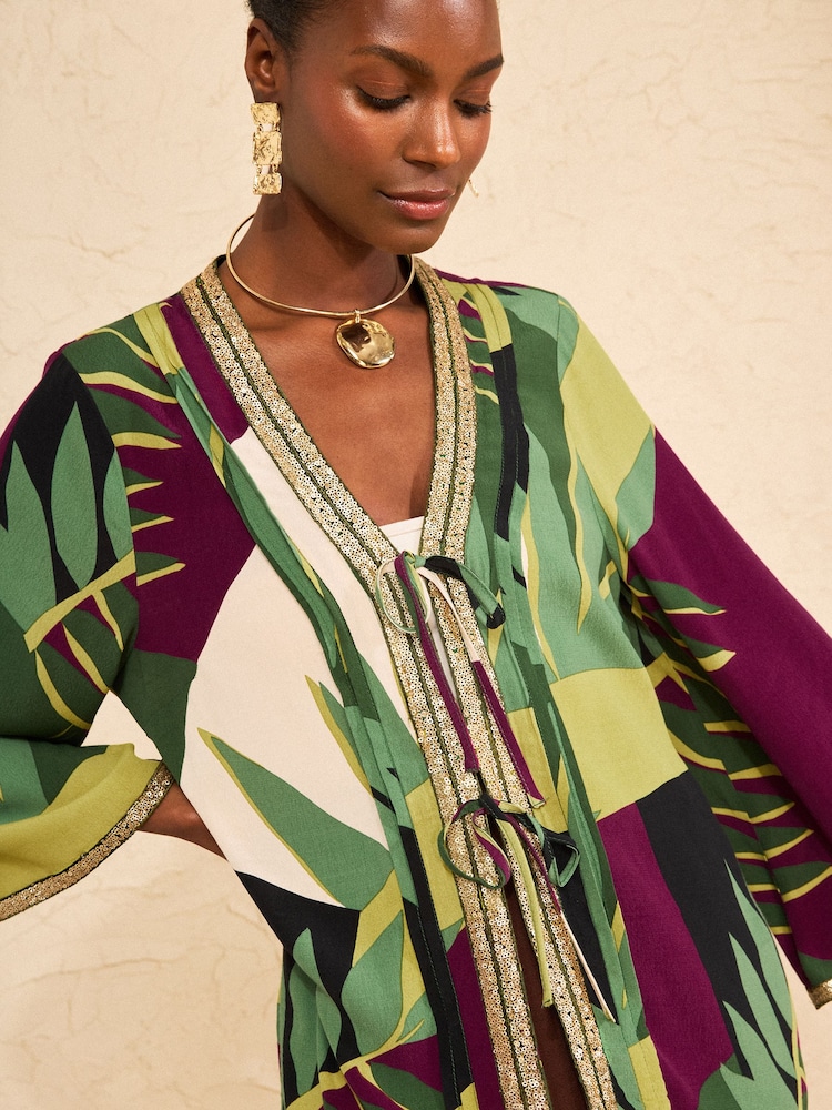 Love & Roses Green Sequin Trim Printed Kimono - Image 2 of 4