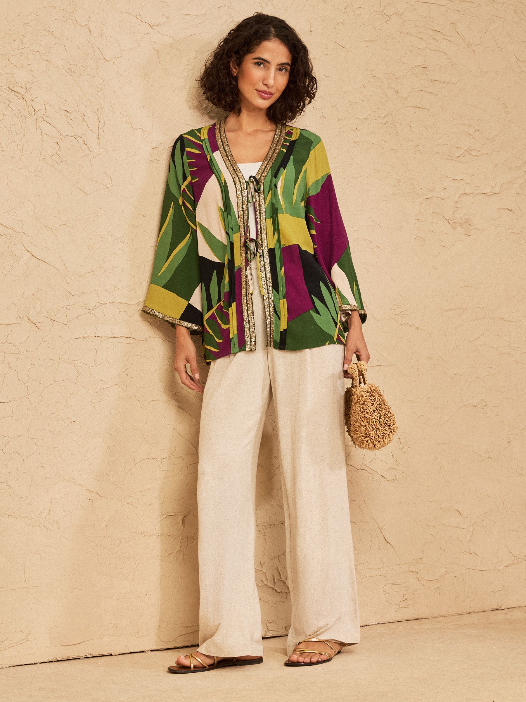 Buy Love & Roses Green Sequin Trim Printed Kimono from the Next UK