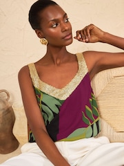 Love & Roses Green Sequin V-Neck Printed Vest - Image 1 of 4