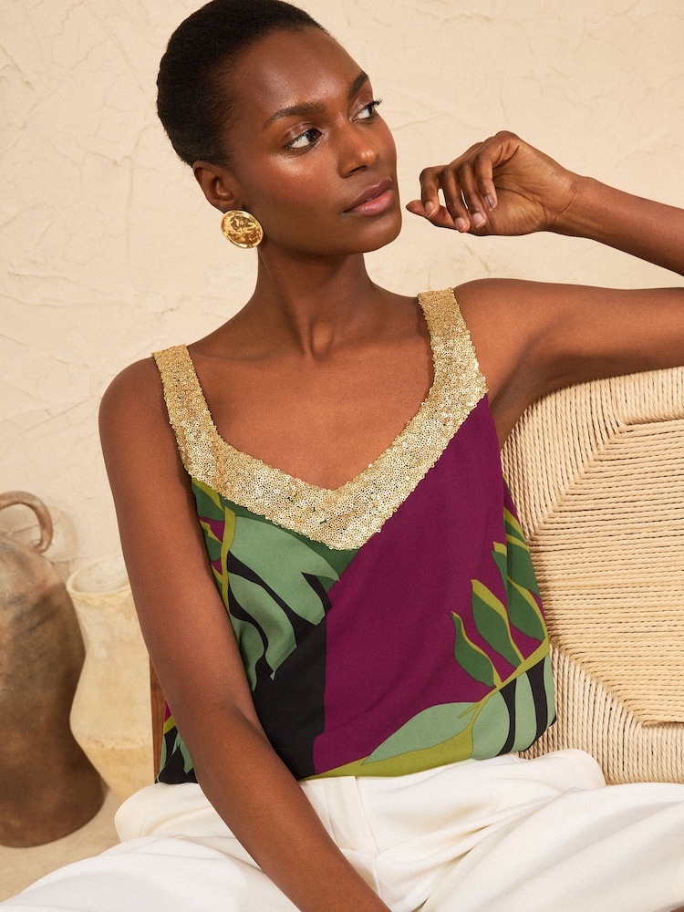 Love & Roses Green Sequin V-Neck Printed Vest - Image 1 of 4