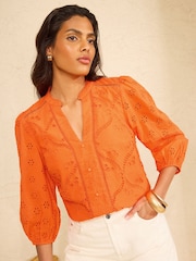Love & Roses Orange Broderie Notch Neck Blouse - Image 1 of 4