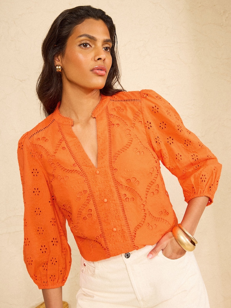 Love & Roses Orange Broderie Notch Neck Blouse - Image 1 of 4