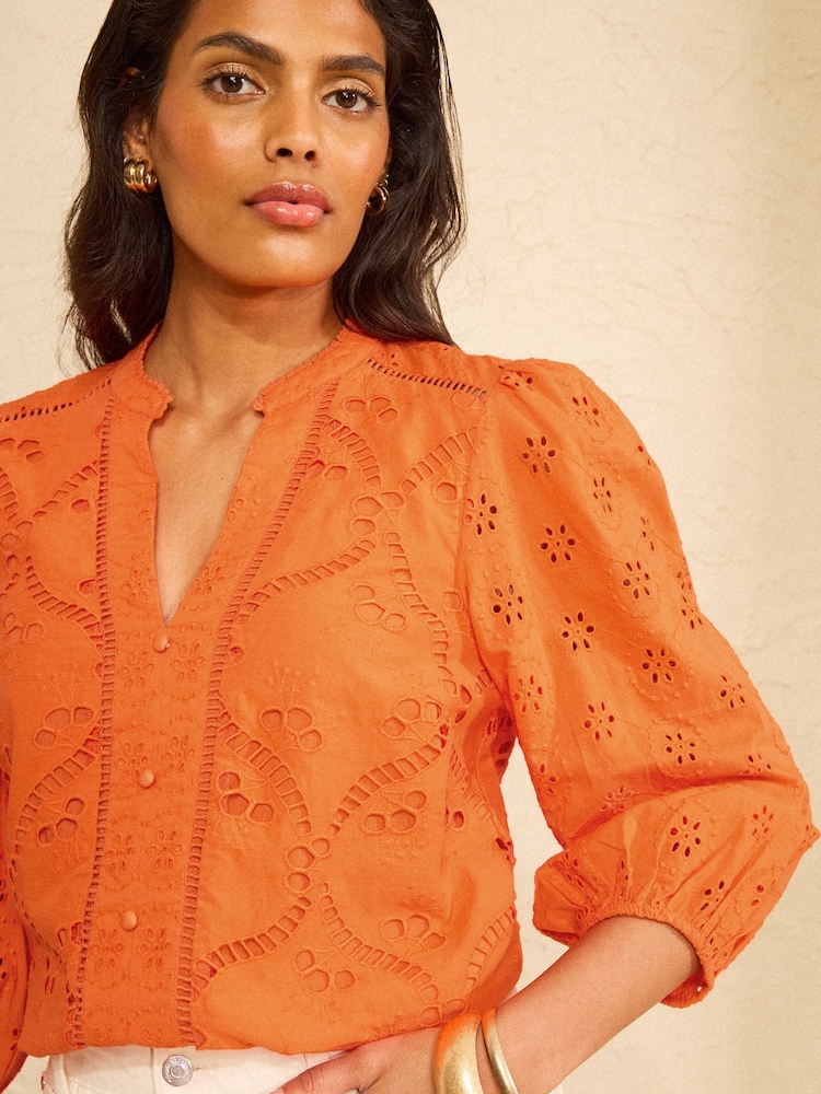 Love & Roses Orange Broderie Notch Neck Blouse - Image 2 of 4