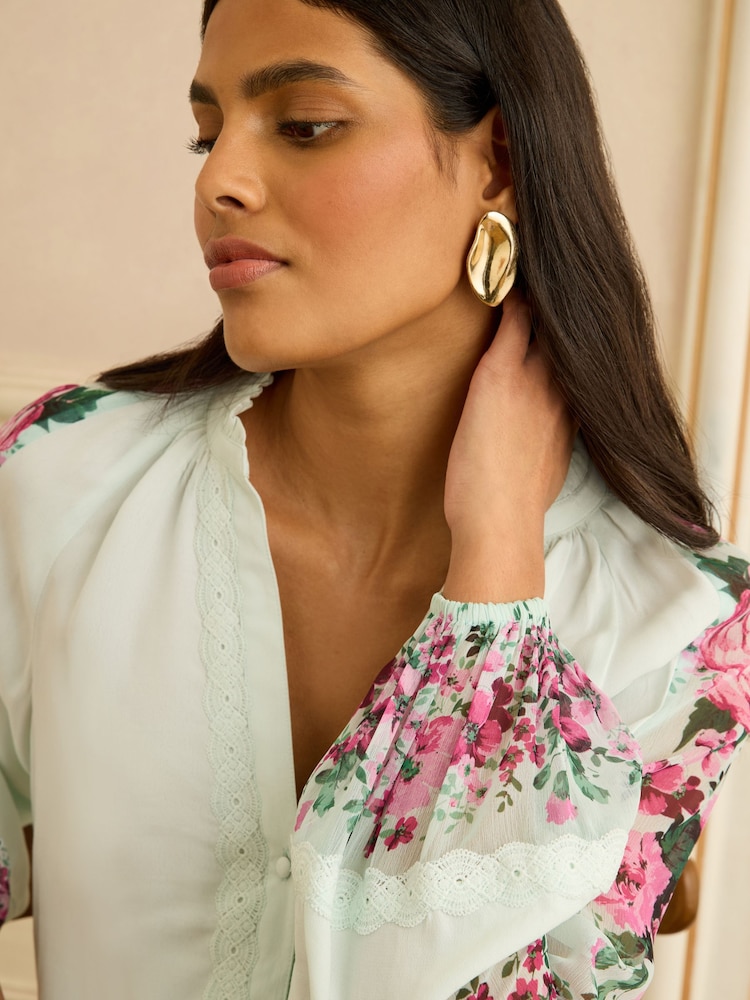 Love & Roses Mint Floral Print Notch Neck Long Sleeve Blouse - Image 2 of 4 Love & Roses Mint Floral Print Notch Neck Long Sleeve Blouse - Image 2 of 4