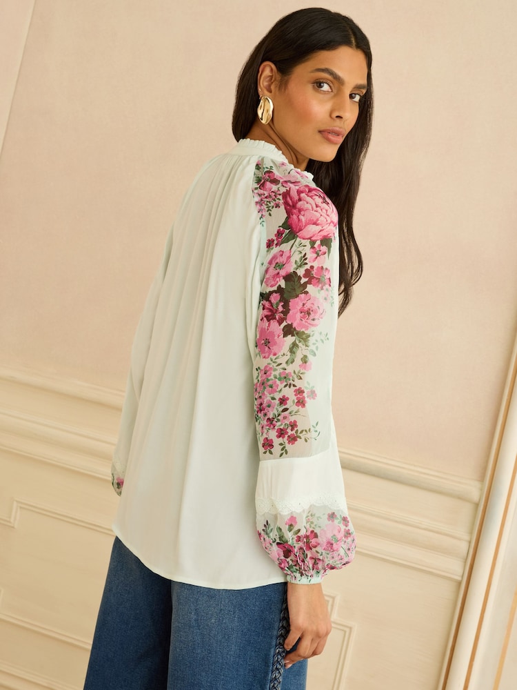 Love & Roses Mint Floral Print Notch Neck Long Sleeve Blouse - Image 4 of 4 Love & Roses Mint Floral Print Notch Neck Long Sleeve Blouse - Image 4 of 4