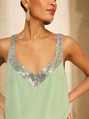 Love & Roses Mint Green Sequin V-Neck Printed Vest - Image 2 of 4