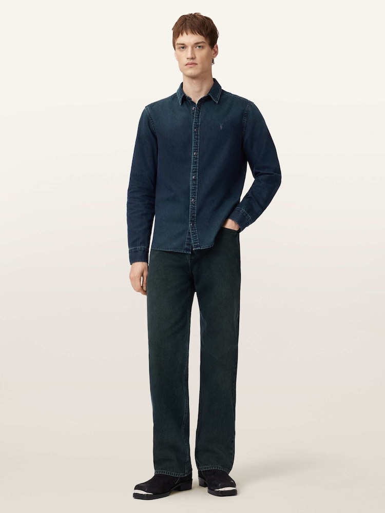 AllSaints Blue Gleason Long Sleeve Press Stud Shirt - Image 2 of 6 AllSaints Blue Gleason Long Sleeve Press Stud Shirt - Image 2 of 6