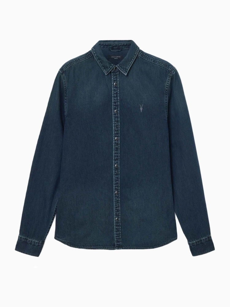 AllSaints Blue Gleason Long Sleeve Press Stud Shirt - Image 6 of 6 AllSaints Blue Gleason Long Sleeve Press Stud Shirt - Image 6 of 6