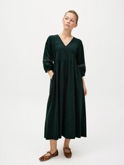 Oliver Bonas Green Corduroy Embroidered Sleeve V-Neck Midi Dress - Image 1 of 8