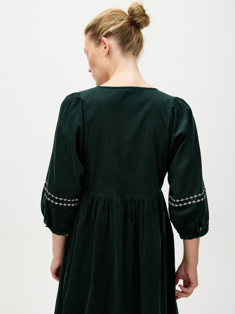 Oliver Bonas Green Corduroy Embroidered Sleeve V-Neck Midi Dress - Image 2 of 8 Oliver Bonas Green Corduroy Embroidered Sleeve V-Neck Midi Dress - Image 2 of 8