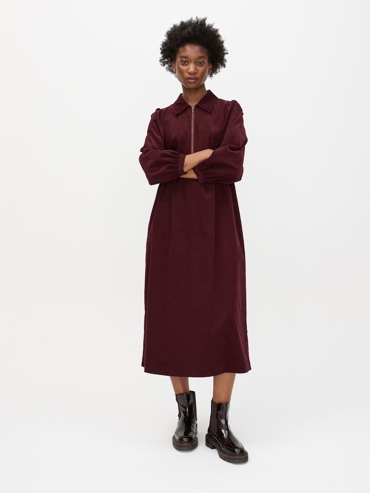 Oliver Bonas Red Corduroy Zip Front Collared Midi Dress - Image 1 of 8 Oliver Bonas Red Corduroy Zip Front Collared Midi Dress - Image 1 of 8