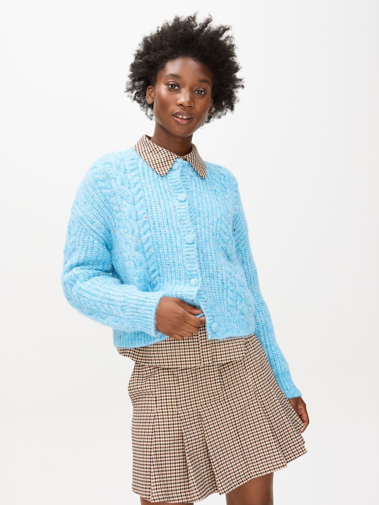 Oliver Bonas Blue Marl Chunky Cable Knit Cardigan - Image 1 of 7 Oliver Bonas Blue Marl Chunky Cable Knit Cardigan - Image 1 of 7