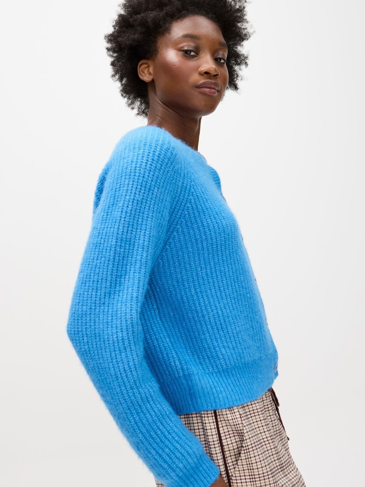 Oliver Bonas Blue Ribbed Crew Neck Knitted Cardigan - Image 1 of 8 Oliver Bonas Blue Ribbed Crew Neck Knitted Cardigan - Image 1 of 8