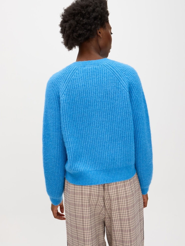 Oliver Bonas Blue Ribbed Crew Neck Knitted Cardigan - Image 2 of 8 Oliver Bonas Blue Ribbed Crew Neck Knitted Cardigan - Image 2 of 8