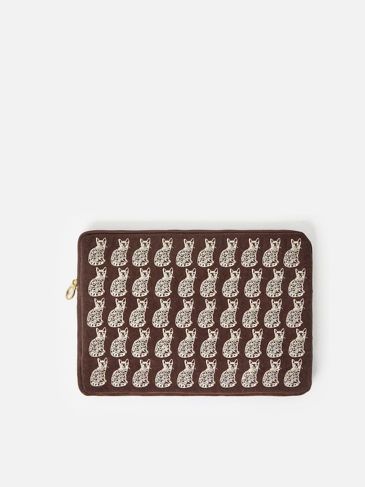 Oliver Bonas Brown Corduroy Cats Laptop Case - Image 1 of 5