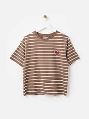 Oliver Bonas Brown Striped Heart Embroidered T-Shirt - Image 1 of 6