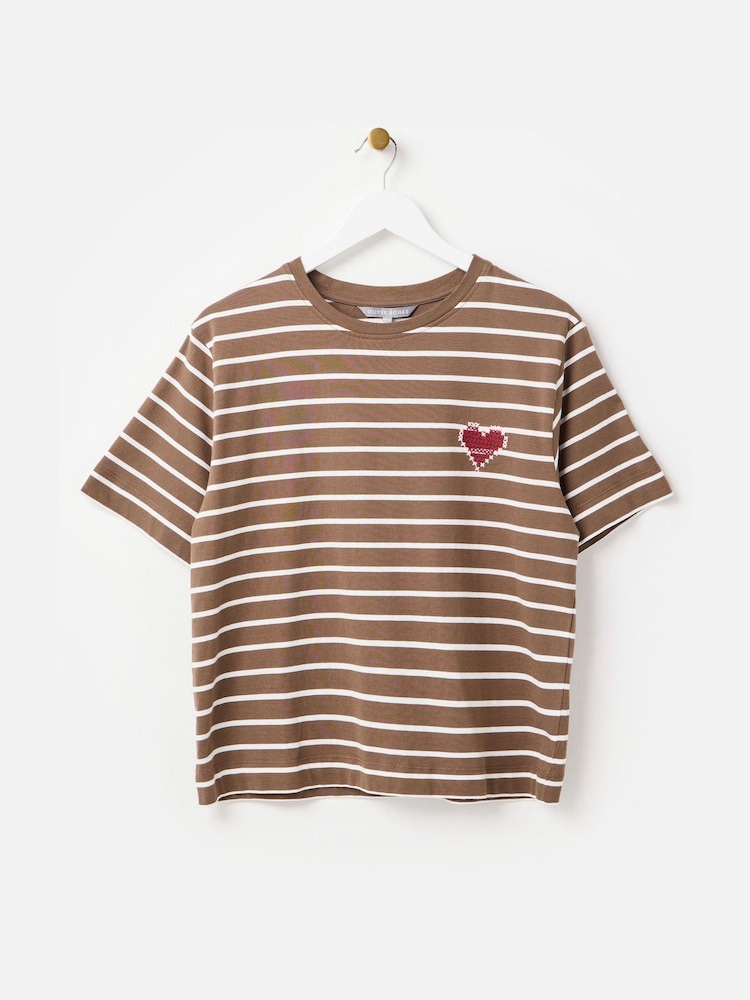 Oliver Bonas Brown Striped Heart Embroidered T-Shirt - Image 1 of 6