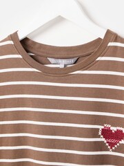 Oliver Bonas Brown Striped Heart Embroidered T-Shirt - Image 3 of 6