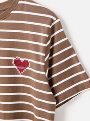 Oliver Bonas Brown Striped Heart Embroidered T-Shirt - Image 4 of 6