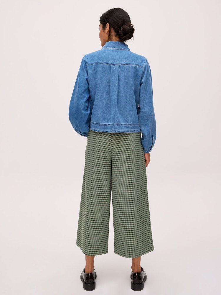 Oliver Bonas Green Checked Cropped Wide Leg Trousers - Image 2 of 7 Oliver Bonas Green Checked Cropped Wide Leg Trousers - Image 2 of 7