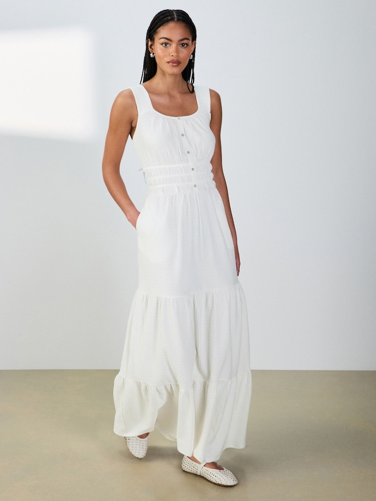 Ecru wit - Sleeveless Textured Jersey Midi Summer Dress - Afbeelding 1 van 7