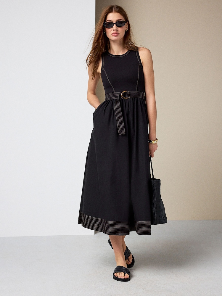 Black 2 in 1 Woven Mix Belted Midi Dress - Image 2 of 8