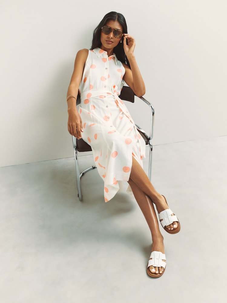 White/Pink Spot Halter Shirt Midi Belted Dress - Image 1 of 7