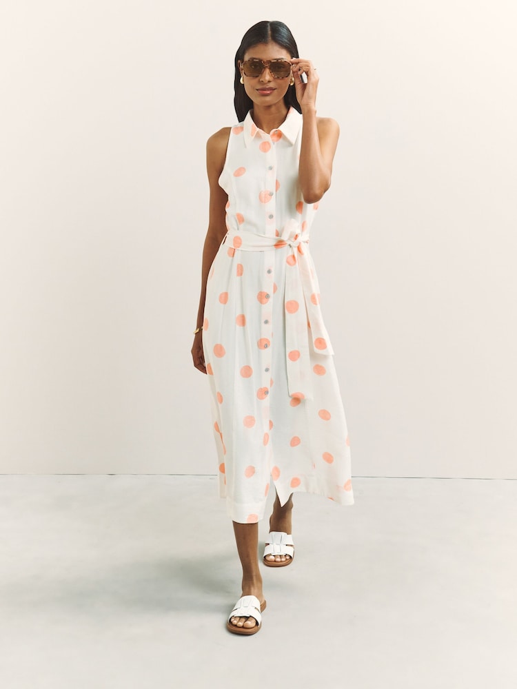 White/Pink Spot Halter Shirt Midi Belted Dress - Image 2 of 7