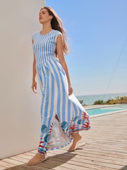 藍白條紋邊框印花 - 蓋袖平行縐縫連體平紋針織中長連身裙 - 圖片 2，共 7