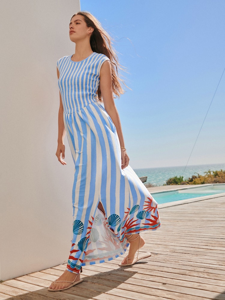 藍白條紋邊框印花 - 蓋袖平行縐縫連體平紋針織中長連身裙 - 圖片 2，共 7