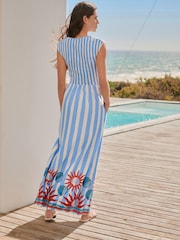 藍白條紋邊框印花 - 蓋袖平行縐縫連體平紋針織中長連身裙 - 圖片 3，共 7